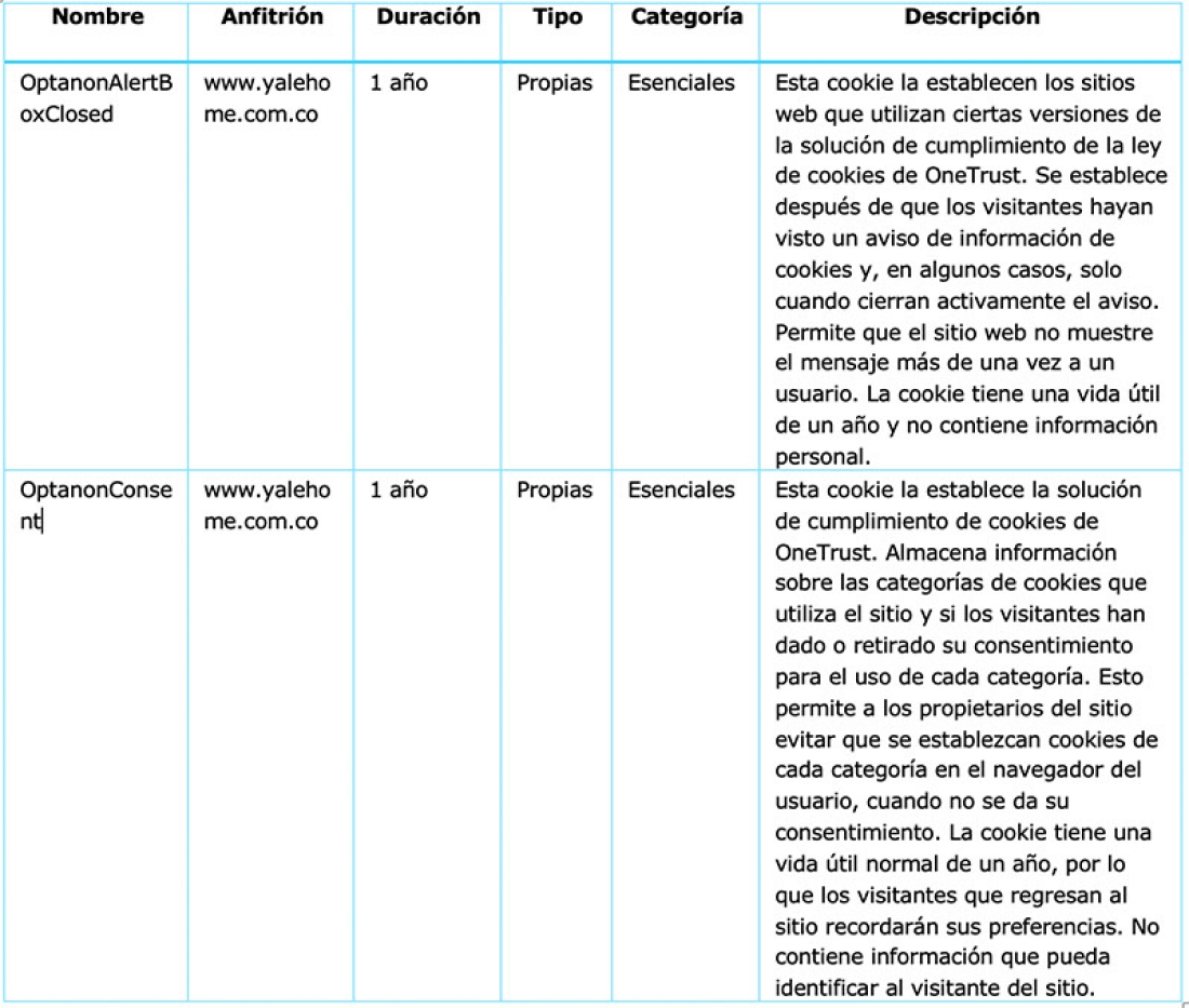 Aviso cookies yale home colombia 1
